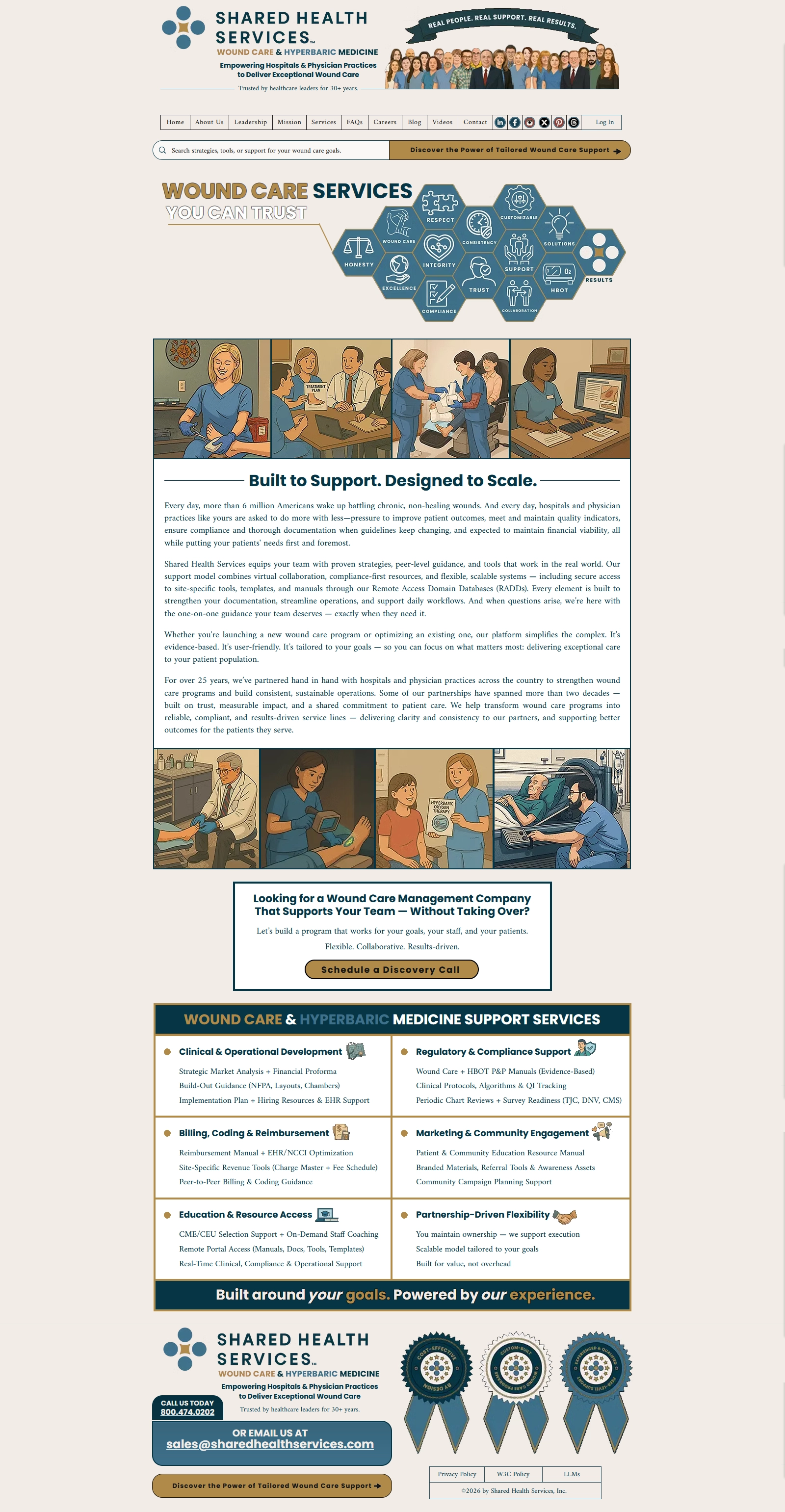 Full-page capture of the Shared Health Services services page: a logo and illustrated staff ribbon, a navigation bar and search field, a heading reading Wound Care Services You Can Trust beside a honeycomb of hexagonal icons for values including honesty, respect, integrity, compliance, support and results, two four-panel strips of illustrated clinical scenes, a body section headed Built to Support Designed to Scale, a discovery-call prompt, a six-category grid of support services, and a footer with contact details and three award seals.