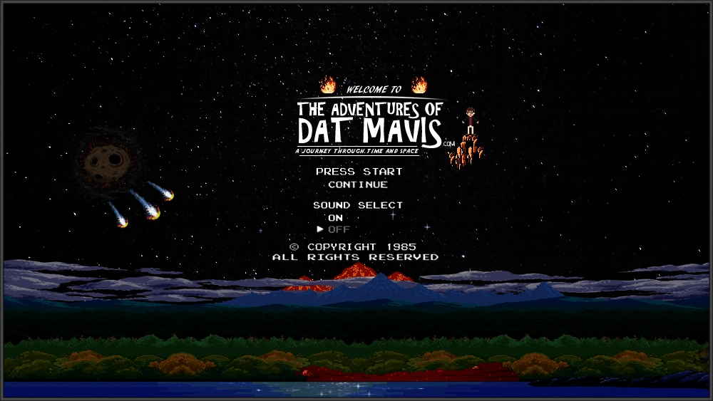 A pixel-art title screen on a starfield: a volcanic mountain range, forest and shoreline across the lower third, comets and a cratered moon at left, a small figure riding a rocket at right, and centered text reading Welcome to The Adventures of Dat Mavis dot com, A Journey Through Time and Space, above menu lines reading Press Start, Continue, Sound Select On, Off, and a line reading copyright 1985 all rights reserved.