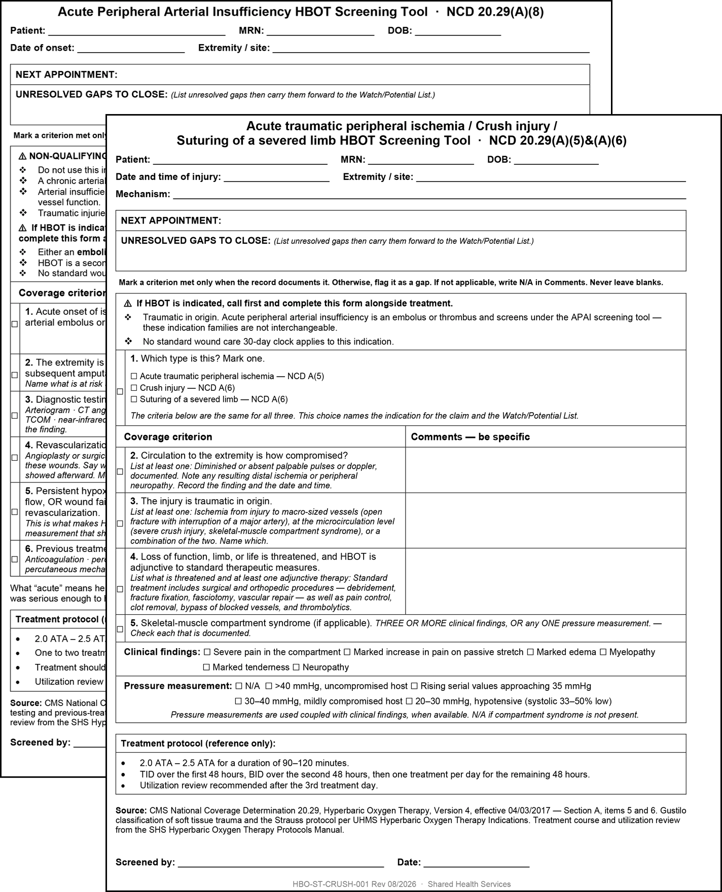 Two stacked pages of the acute HBOT screening tools, covering acute peripheral arterial insufficiency and crush injury or traumatic ischemia, each with its own coverage criteria and gaps to close.