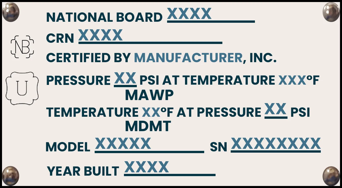 Diagram of a hyperbaric chamber ASME nameplate with National Board and U stamp symbols and blank fields for National Board number, CRN, manufacturer, MAWP, MDMT, model, serial number and year built.