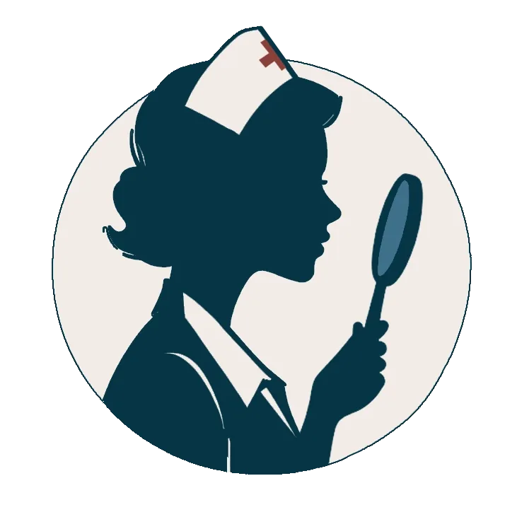 Circular badge: silhouette of a nurse in a cap holding a magnifying glass, in navy and cream.