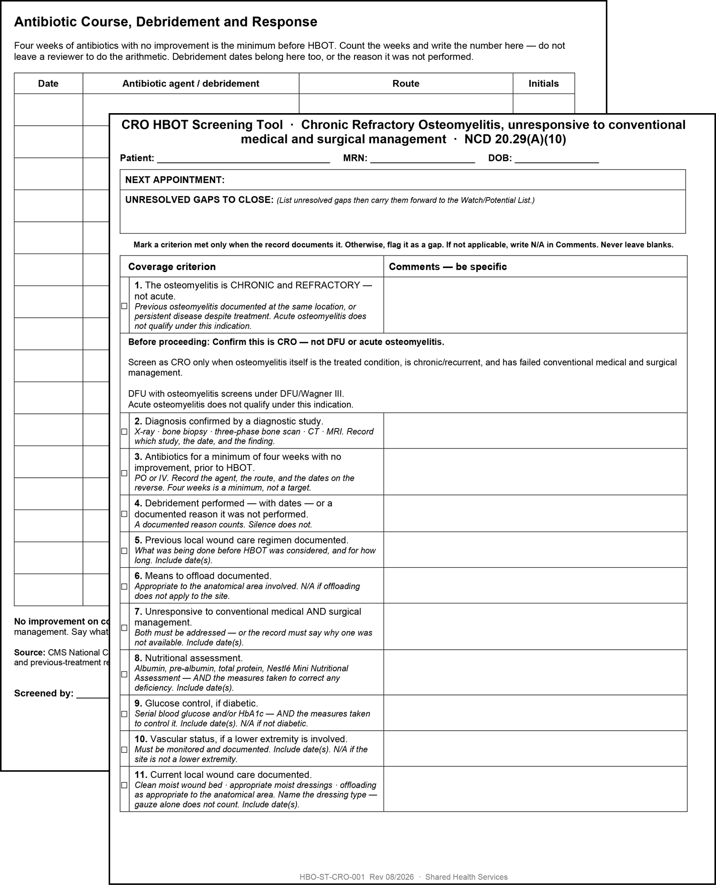 Two stacked pages of the chronic refractory osteomyelitis HBOT screening tool, covering antibiotic course, debridement and response, with a section for unresolved gaps to close.