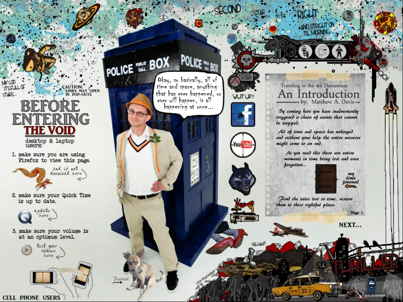 Collage web page: a police-box prop with a figure standing beside it and a small dog, surrounded by hand-lettered instructions, planets, a typeset introduction on a taped journal page, and a cityscape.