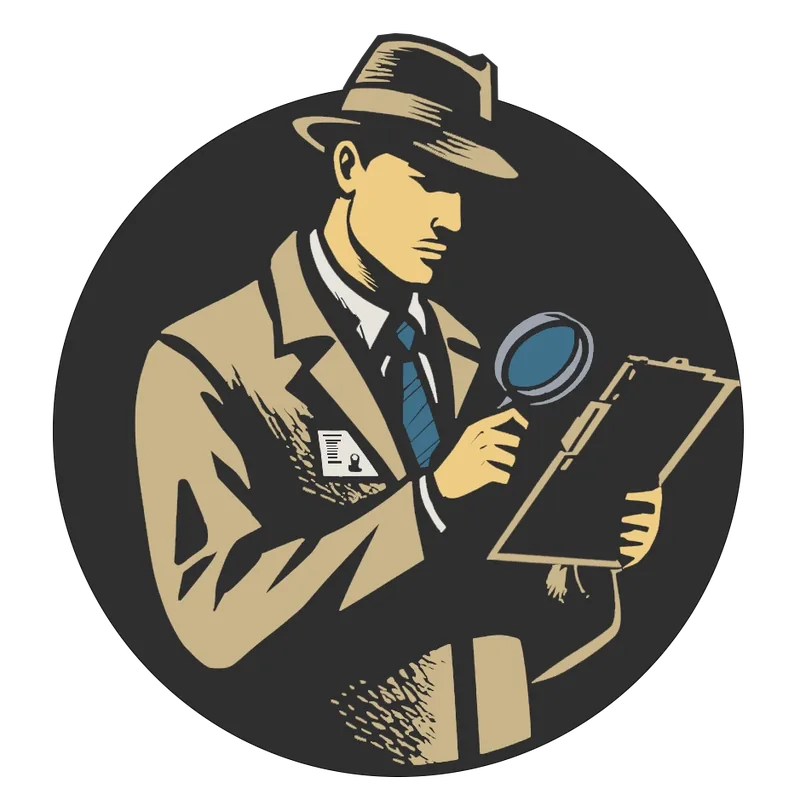 Circular badge: woodcut-style illustration of a detective in a fedora examining a clipboard with a magnifying glass, in black, tan and teal.