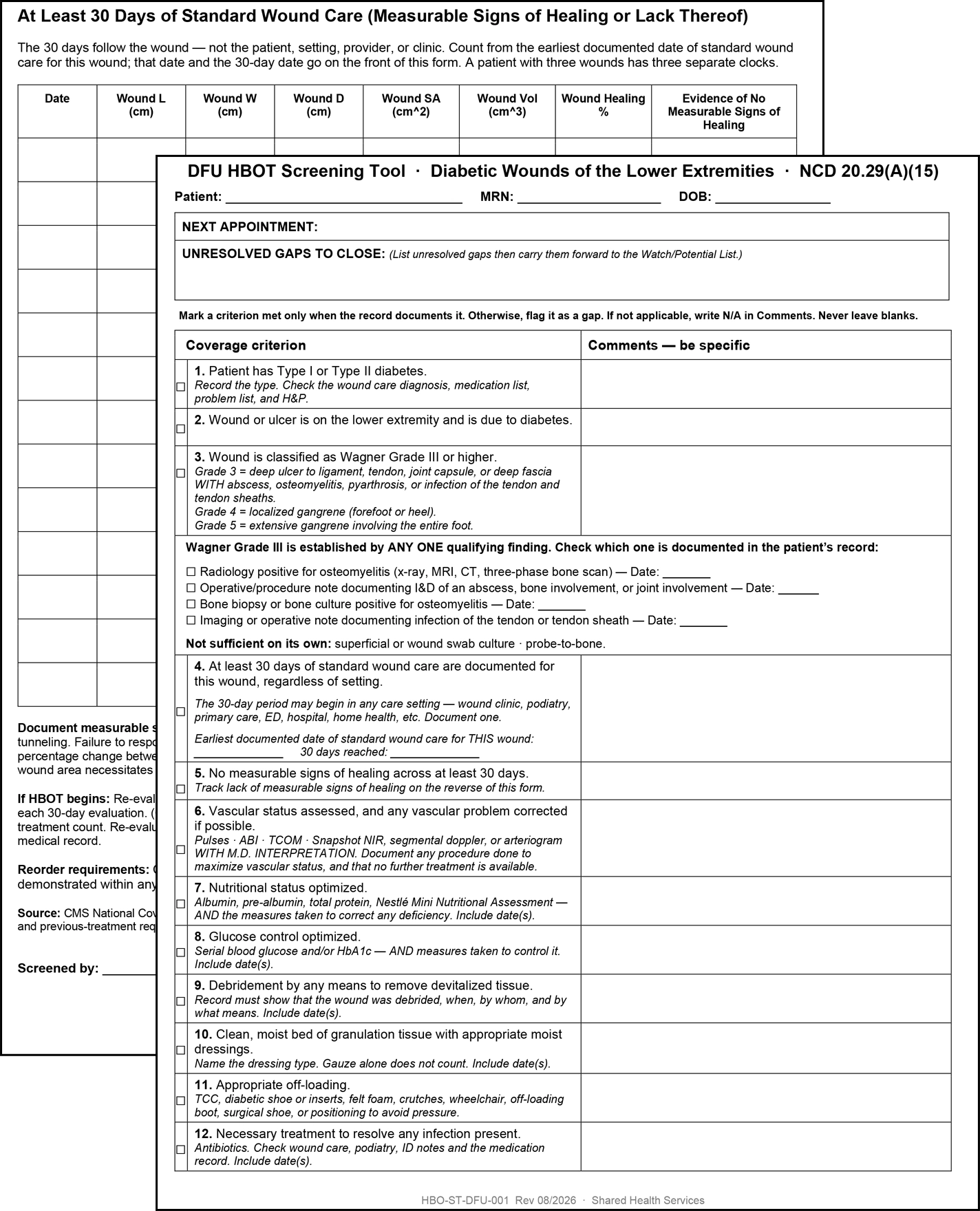 Two stacked pages of the diabetic foot ulcer HBOT screening tool, listing the coverage criteria, the findings that establish Wagner Grade III, and a section for unresolved gaps to close.