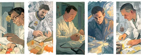 Five painted panels of inventors at work benches in different eras, each building something by hand.