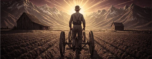 A figure in a hat behind a horse-drawn plough at the end of a furrowed field at sunrise, a barn to one side and mountains beyond.