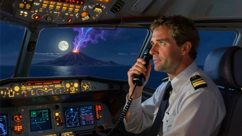 An airline captain on a darkened flight deck holding a radio handset; through the windscreen a volcano erupts and blue static plays over the wing.