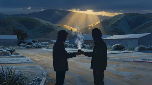 Two figures in silhouette on a frosty morning outside a low building, one handing the other a steaming cup as the sun comes over the hills.