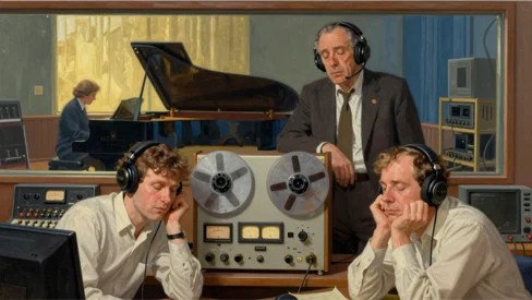 A 1960s studio control room: a reel-to-reel tape machine, three men in headphones listening hard, a grand piano behind glass.