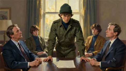 A young man in a field jacket and wool cap stands at the head of a boardroom table, leaning on it, ringed by seated executives in suits.