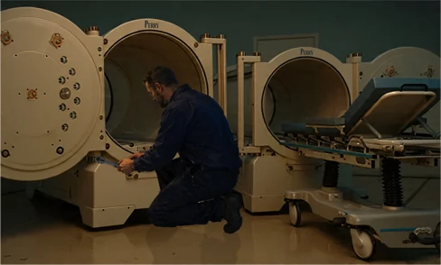 Two hyperbaric chambers with their doors swung open, a technician in coveralls kneeling to service one of them.