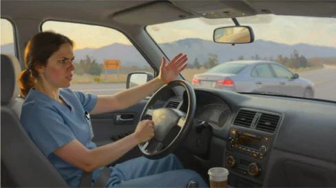 A nurse in scrubs driving at dawn, one hand raised off the wheel in exasperation as a silver sedan passes, coffee in the console.