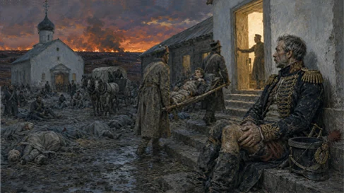 A battlefield at dusk — wounded in the mud, a church and a cottage burning, a surgeon in uniform seated on steps in the foreground beside his chest of instruments.