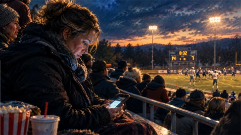 A crowd packed onto bleachers at a night football game; in the foreground a woman looks down at her phone while everyone around her watches the field.