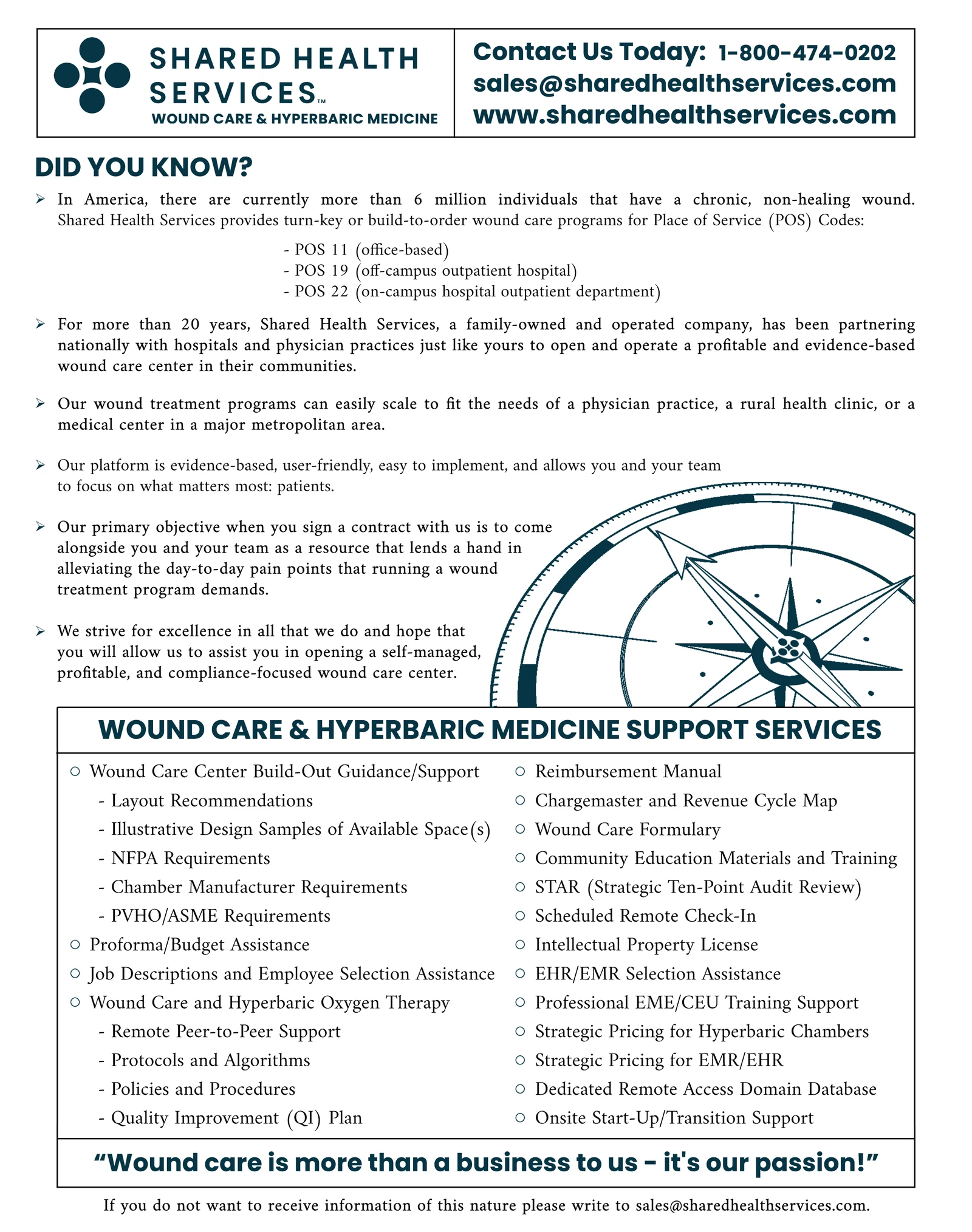 Single-page outreach flyer listing wound care and hyperbaric medicine support services in two columns, with a compass rose illustration and contact details.
