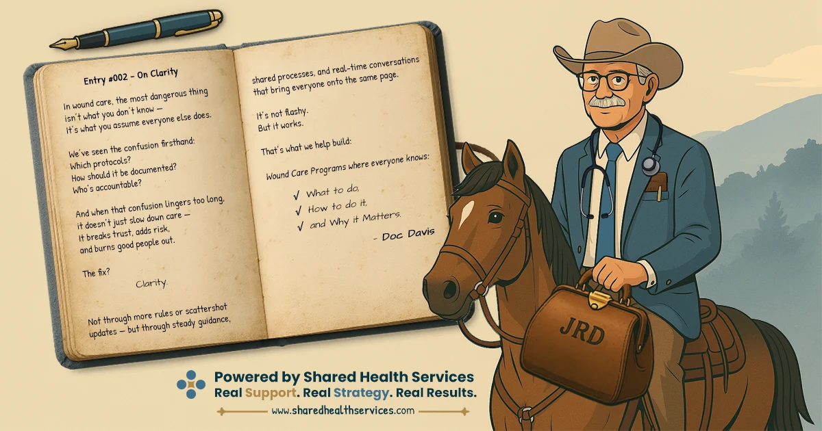 Second entry in the SHS Field Notes series, titled On Clarity, laid out as a handwritten journal spread with the recurring character and an Appalachian ridgeline.