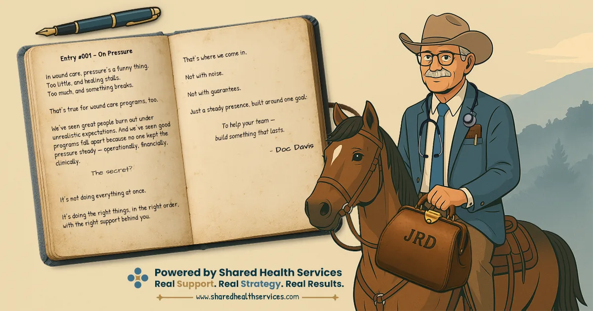 Illustrated banner showing an open journal spread of handwritten text beside an older physician on horseback carrying a doctor's bag monogrammed J R D, against an Appalachian ridgeline.