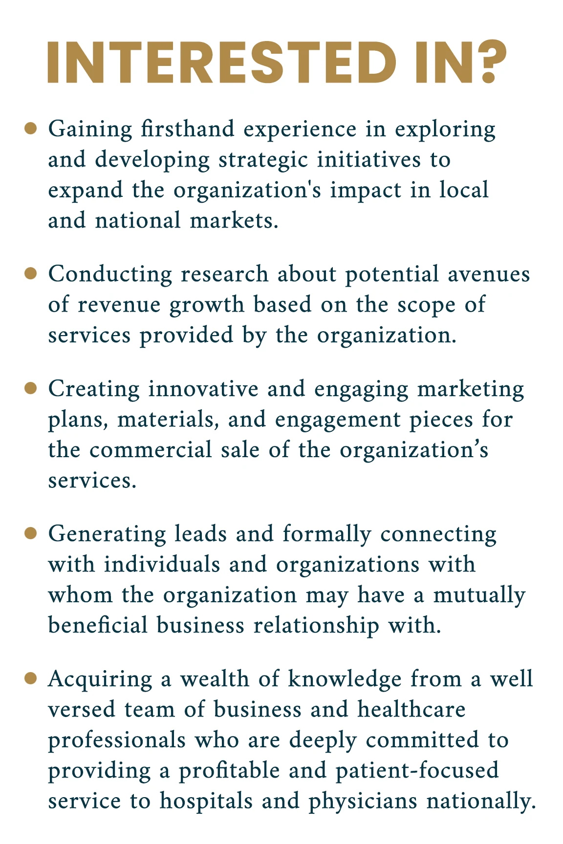 Internship recruitment board headed Interested In, listing what the internship offers across strategic initiatives, research, marketing materials and lead generation.