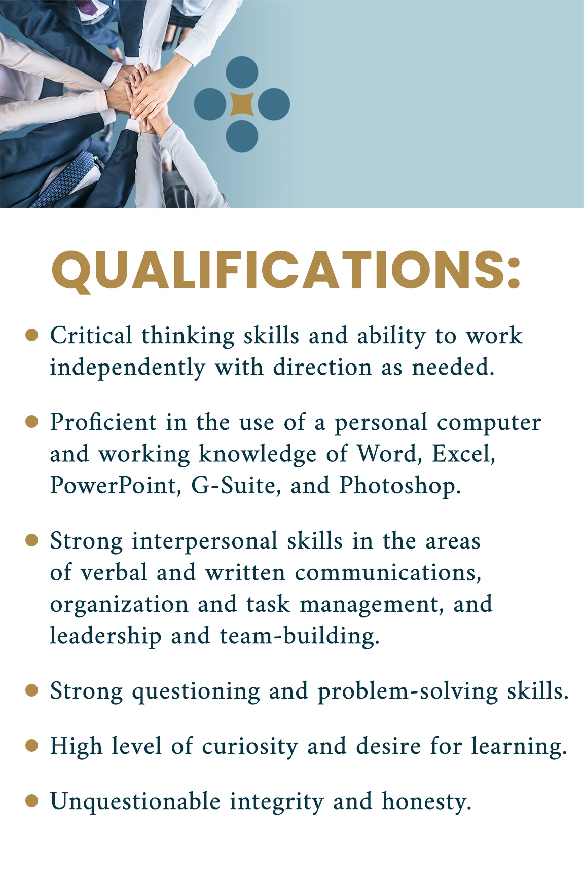 Internship recruitment board headed Qualifications, listing critical thinking, software proficiency, interpersonal skills, curiosity and integrity.