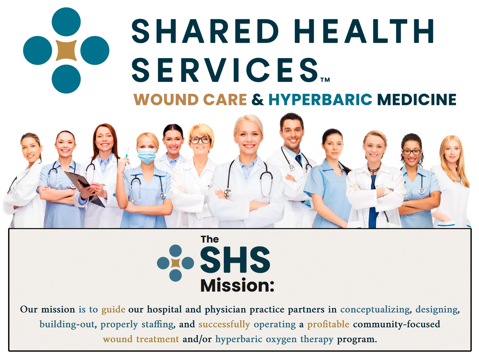 Large-format internship recruitment title board carrying the Shared Health Services logo, a row of clinicians, and the company mission statement.