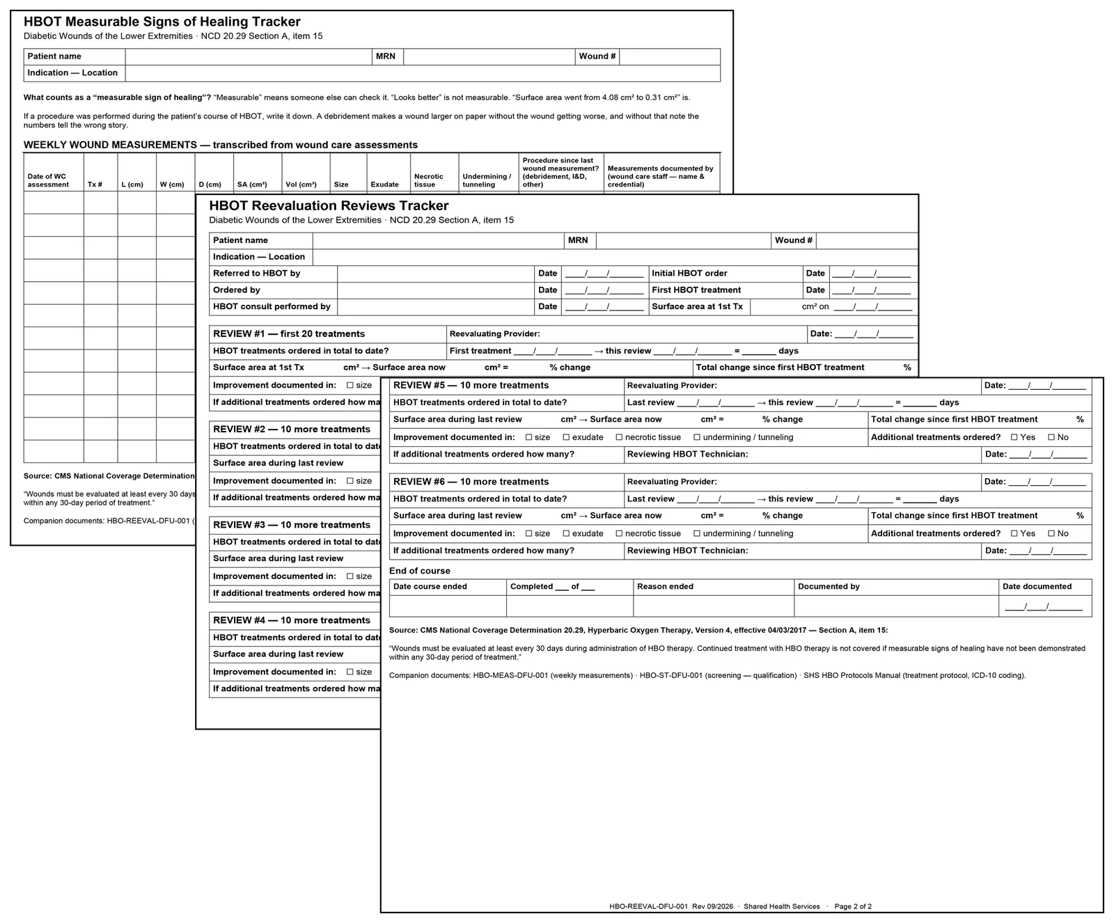 Two stacked landscape trackers: a weekly wound measurement grid for documenting measurable signs of healing, and a reevaluation review tracker structured around the CMS reassessment cadence.
