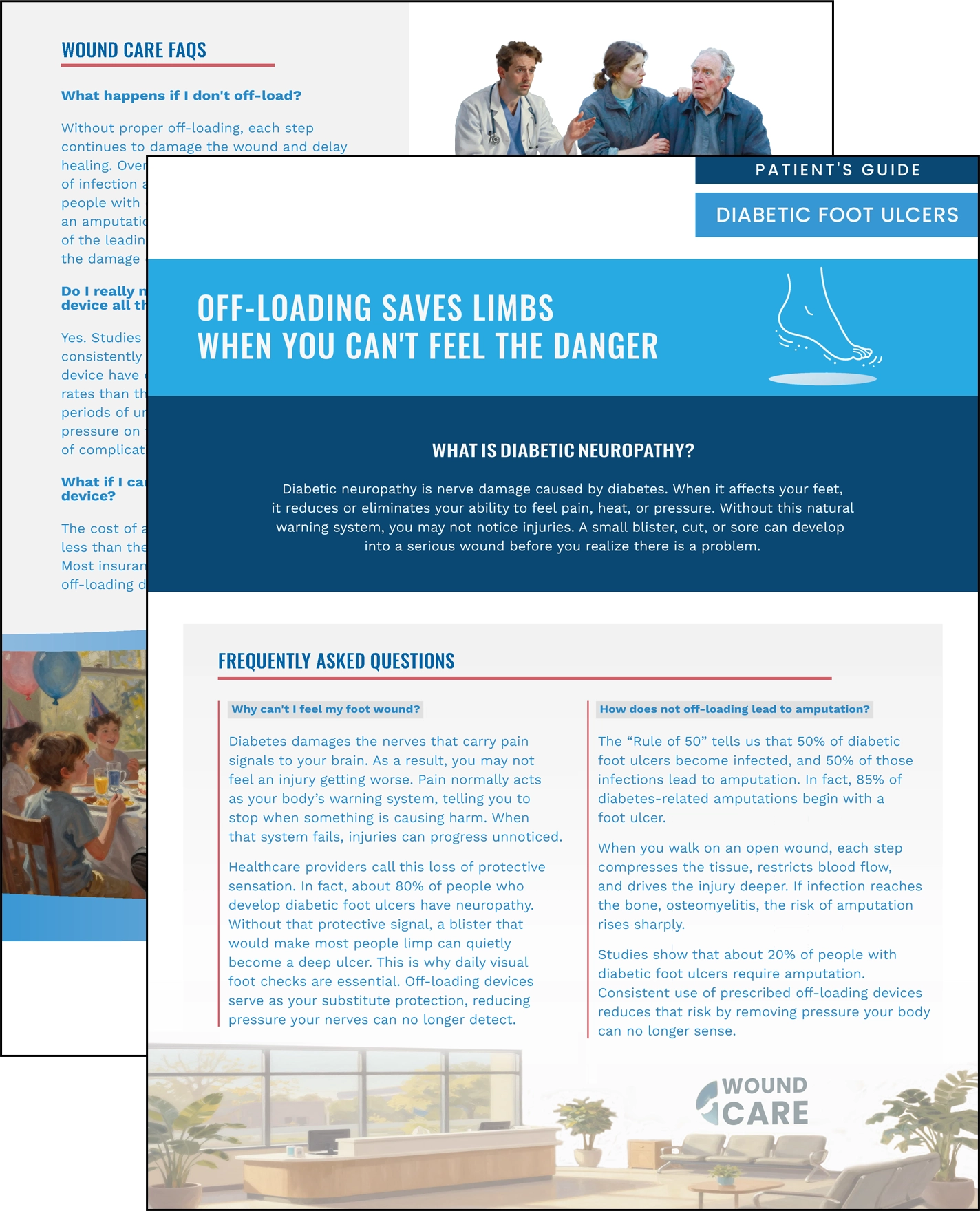 Both sides of a patient education guide headed Off-Loading Saves Limbs When You Can't Feel the Danger, the front explaining diabetic neuropathy and the back carrying a two-column frequently asked questions section.