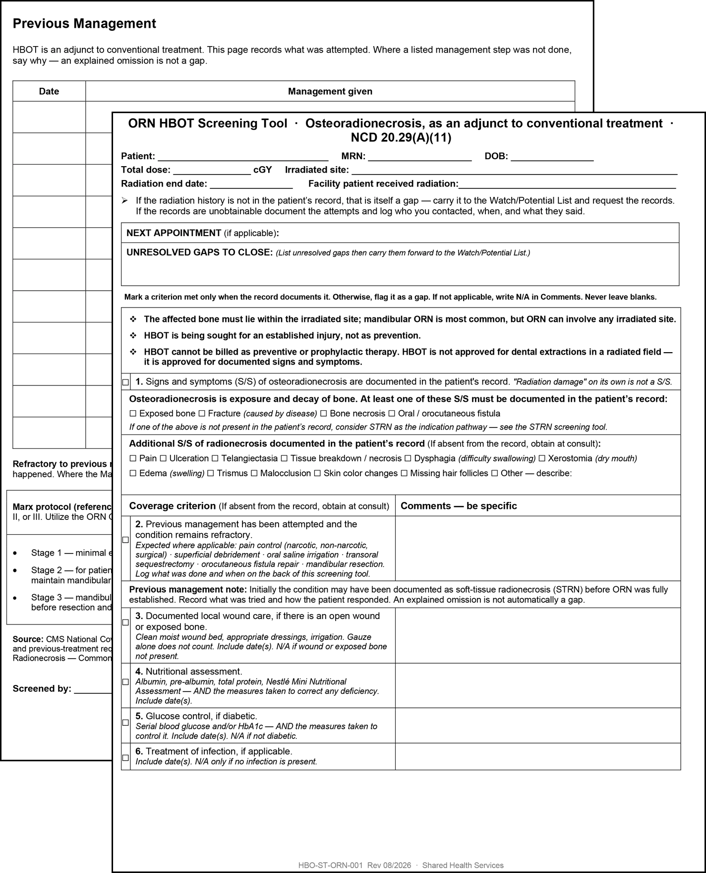 Two stacked pages of the osteoradionecrosis HBOT screening tool, covering radiation history, previous management and coverage criteria, with a section for unresolved gaps to close.