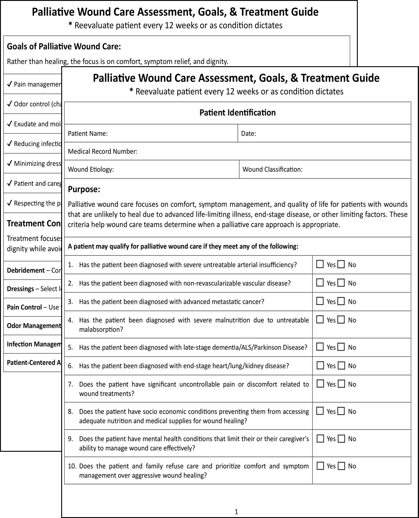 Two stacked pages of the palliative wound care assessment, goals and treatment guide, listing the criteria under which a palliative approach is appropriate and the treatment goals that follow.