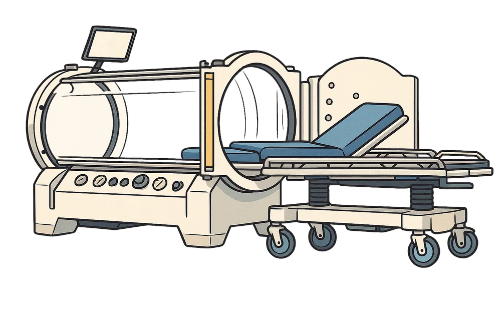 Line illustration of a monoplace hyperbaric chamber with its gurney, drawn in flat color on a plain background.