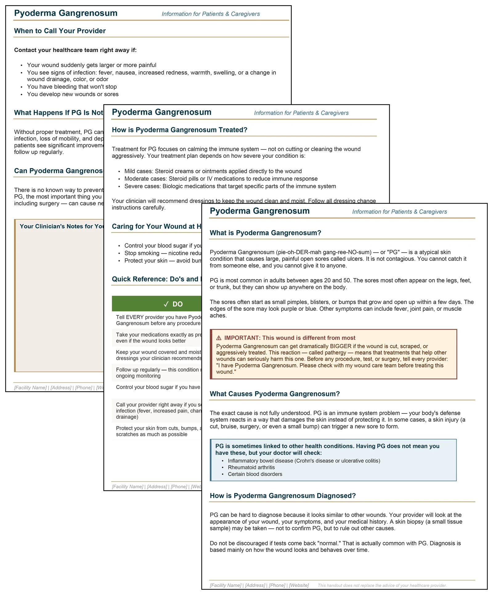 Three stacked pages of a plain-language patient handout on pyoderma gangrenosum, with a highlighted warning box explaining pathergy and a script the patient can say to any provider before a procedure.