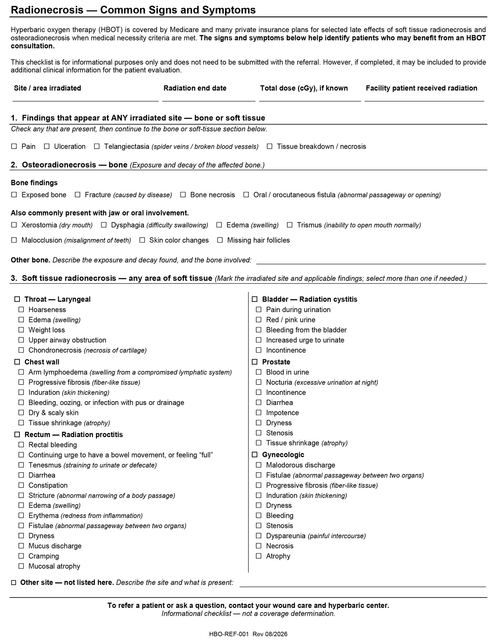 A radionecrosis signs and symptoms checklist organised by body region, built to be handed to a referring physician, with a note on what to include when referring a patient.