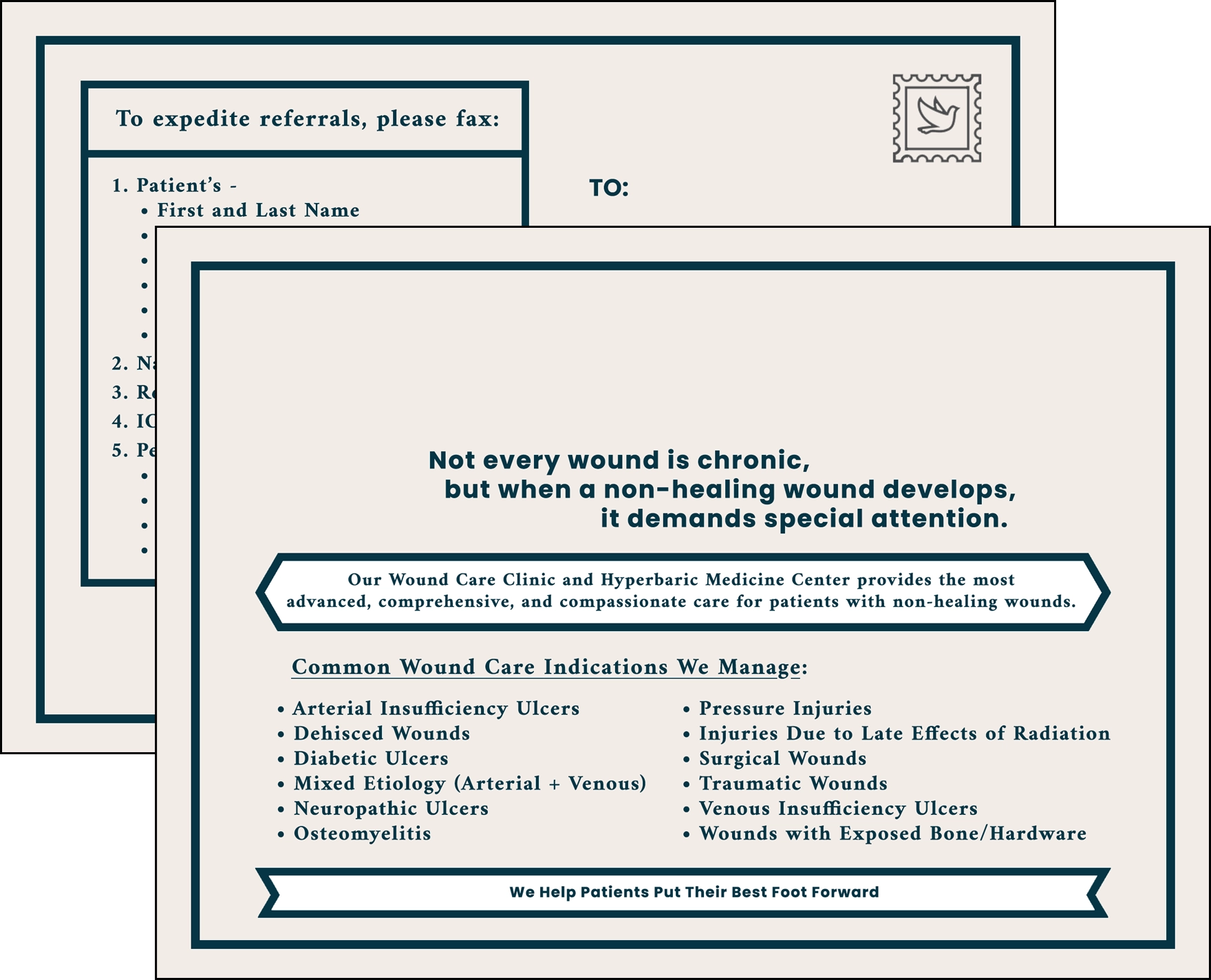 Both sides of a referral postcard: the front headed Not every wound is chronic with a list of common wound care indications, and the back a fax referral form with numbered patient information fields and blank To and From blocks.