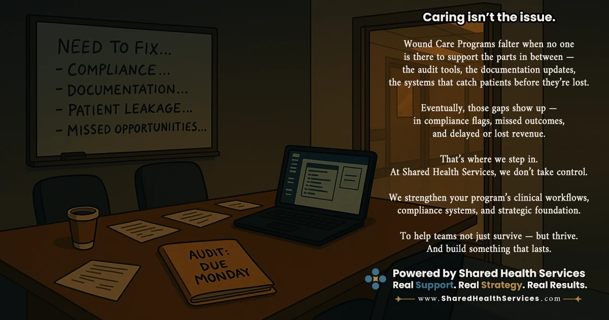 Social post showing an office whiteboard listing compliance, documentation, patient leakage and missed opportunities, headed Caring isn't the issue.