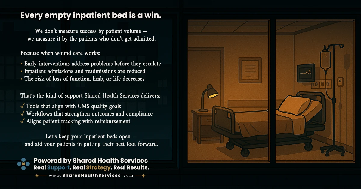 Social post showing an empty hospital room at night with city light through the window, headed Every empty inpatient bed is a win.