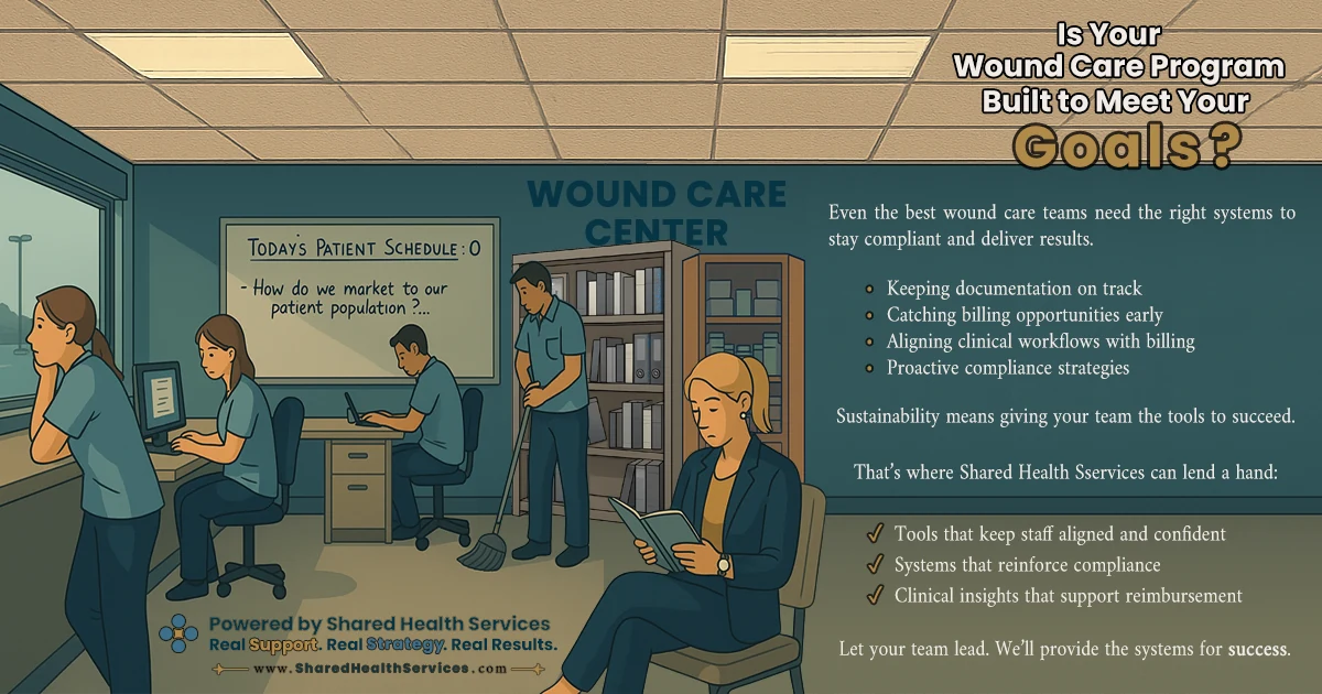 Social post showing staff working in a wound care center with a patient schedule board, headed Is your wound care program built to meet your goals.