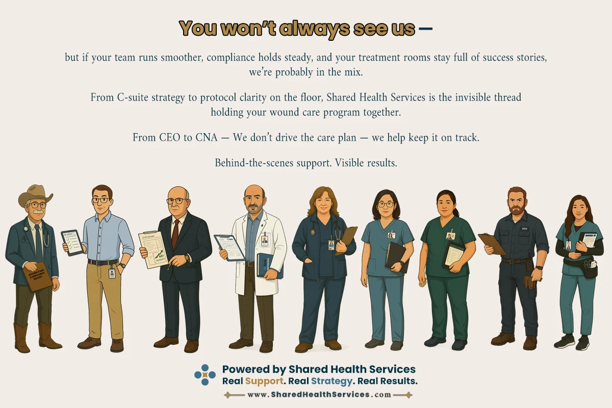 Social post showing a lineup of ten clinicians and administrators across the frame, headed You won't always see us.