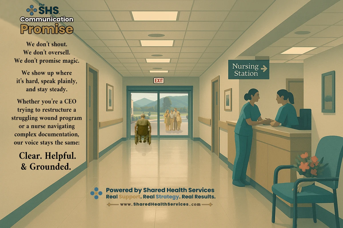 Social post showing a hospital corridor receding toward daylight with a nursing station sign, headed The SHS Communication Promise.