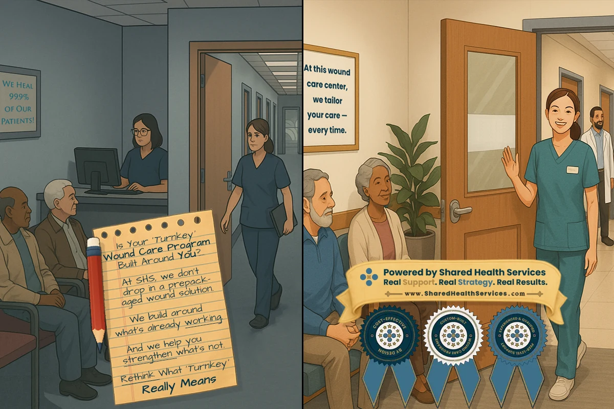 Social post showing a waiting area and a clinician greeting a patient, with award ribbons along the lower edge, headed Is your turnkey wound care program built around you.