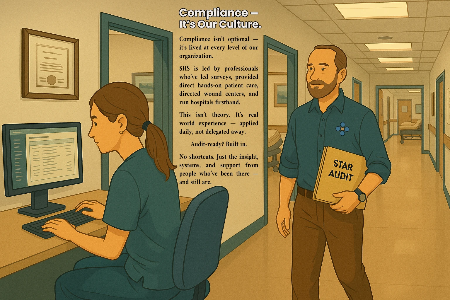 Social post showing a staff member at a workstation and a colleague holding a folder marked STAR Audit, headed Compliance - it's our culture.
