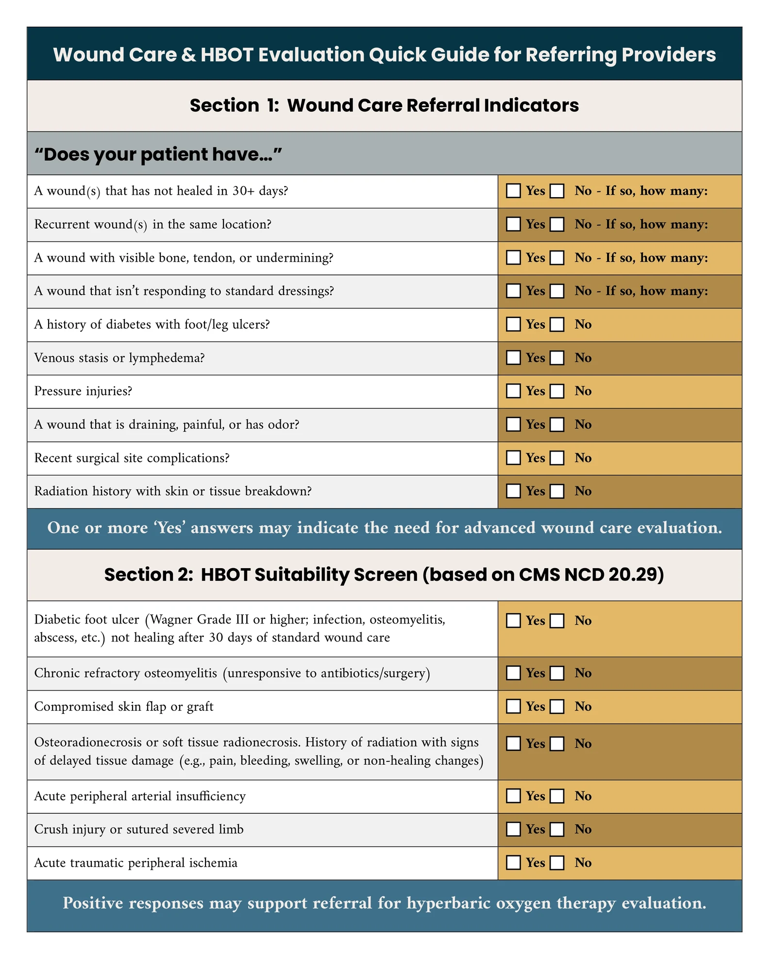 A two-section quick guide for referring providers: wound care referral indicators phrased as Does your patient have, then an HBOT suitability screen based on CMS NCD 20.29, each answer column banded in gold.