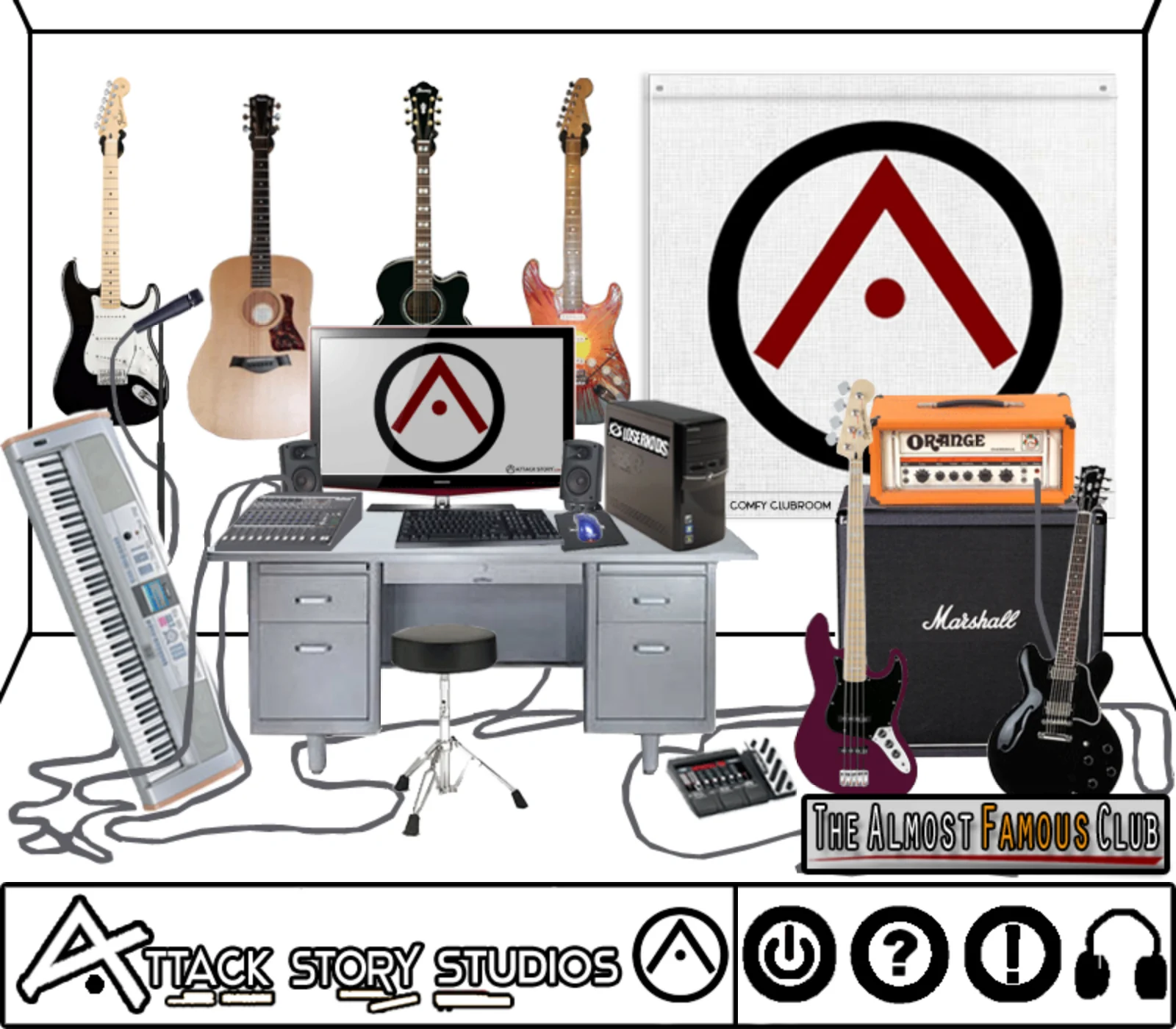 A recording studio drawn and collaged as a single flat room: four guitars and a keyboard along the left wall, a desk with a monitor, mixer and tower in the center, a drum throne, a bass, an Orange amp head on a Marshall cabinet and a hollowbody guitar on the right, with a banner reading The Almost Famous Club and a nav bar below reading Attack Story Studios.