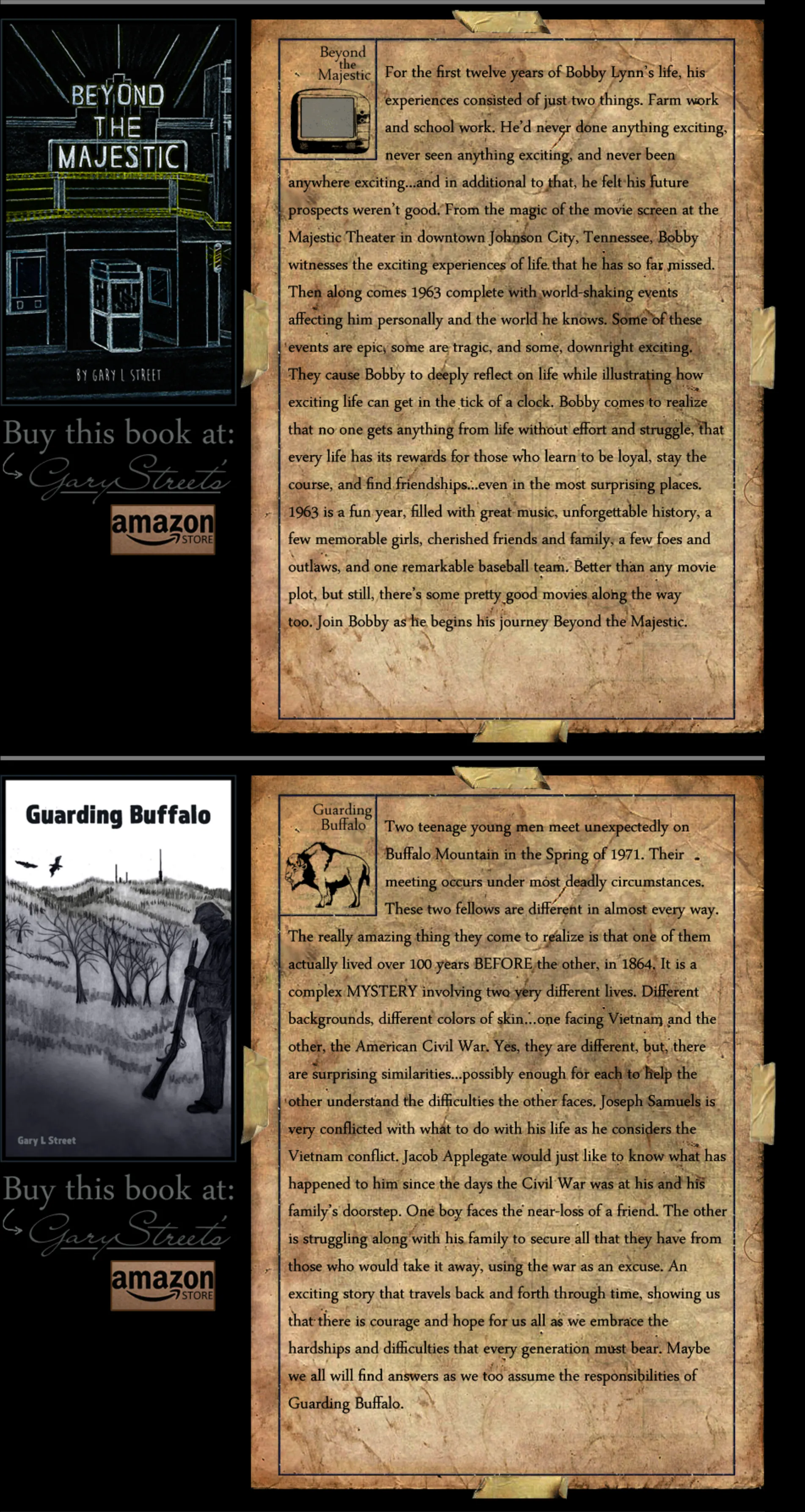 Two book entries from the same page, each pairing a cover illustration on the left with a long synopsis set on an aged, torn parchment panel on the right: Beyond the Majestic, and below it Guarding Buffalo.