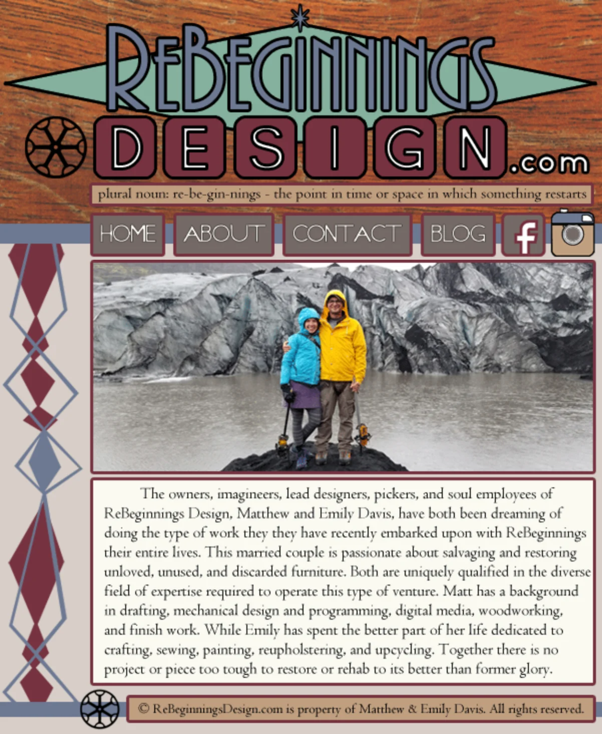 Website header on a wood-grain background reading ReBeginnings Design dot com in a custom hand-drawn wordmark, with a dictionary definition beneath it, a nav row, a photograph of a couple standing on rock in front of a glacier, and a paragraph of serif body text in a bordered panel.