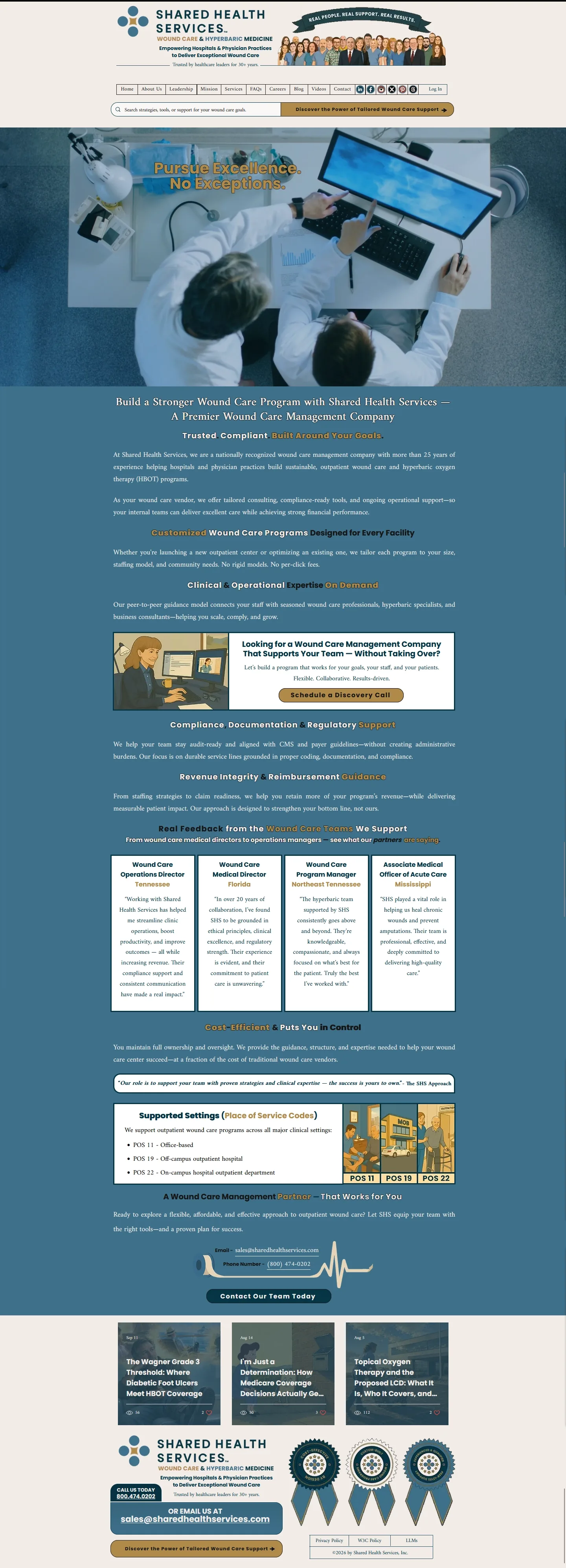 Full-page capture of the Shared Health Services home page: a logo and illustrated staff ribbon reading Real People, Real Support, Real Results, a navigation bar and search field, a hero video still of two clinicians at a monitor captioned Pursue Excellence, No Exceptions, then sections on program design, compliance and reimbursement, four testimonial cards from wound care directors and managers, a place-of-service code matrix, a contact block, three clinical blog cards and a footer carrying three award seals.